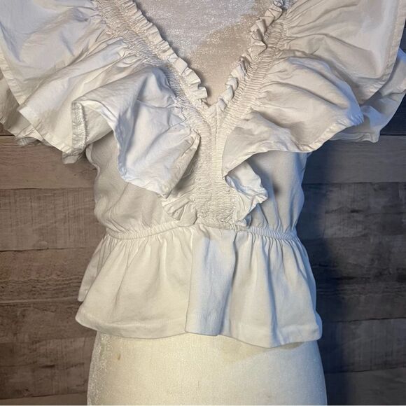 Zara White Ruffle Flounce Sleeve V-Neck Peplum Top - Picture 7 of 11